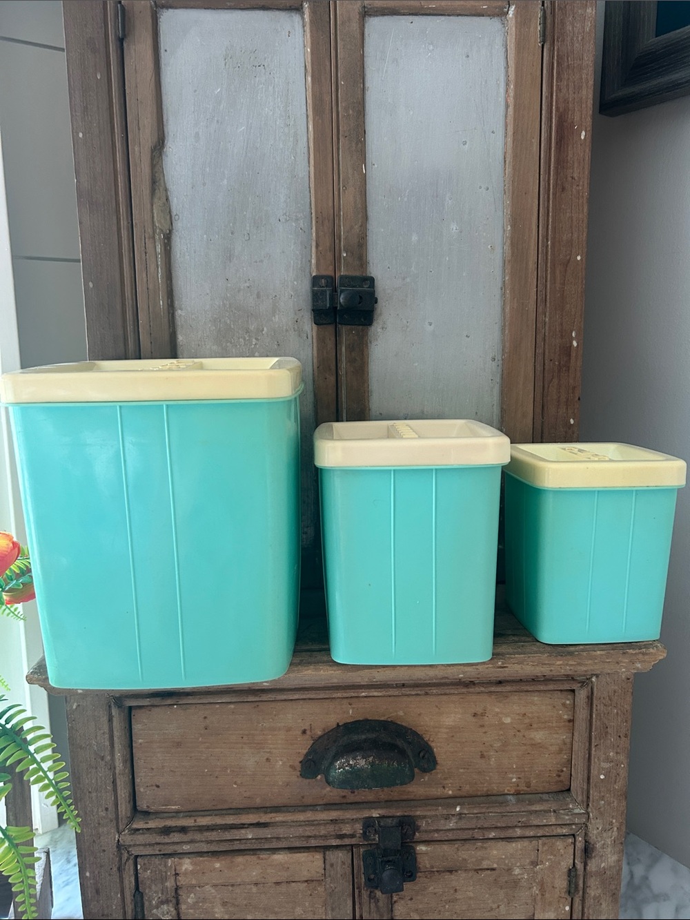 1950’s Vintage Turquoise Storage Canister Set with Cream Lids - Home Accents